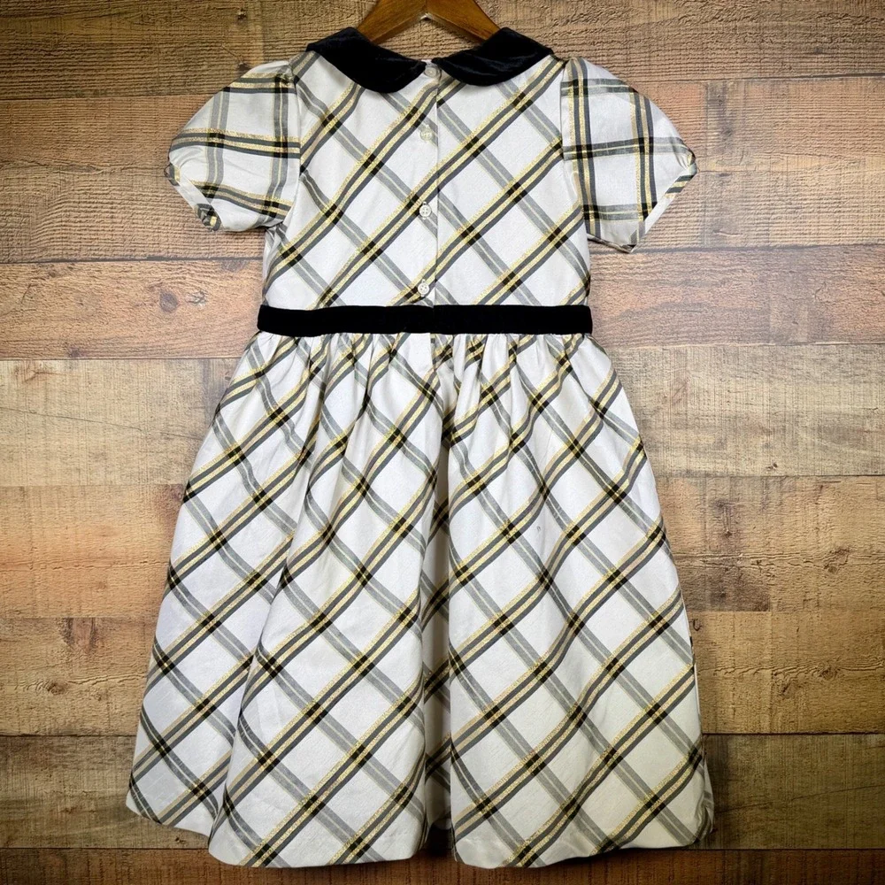 Gymboree Plaid Holiday Dress Gold Metallic Velvet Collar Ivory‎ Black Size 10